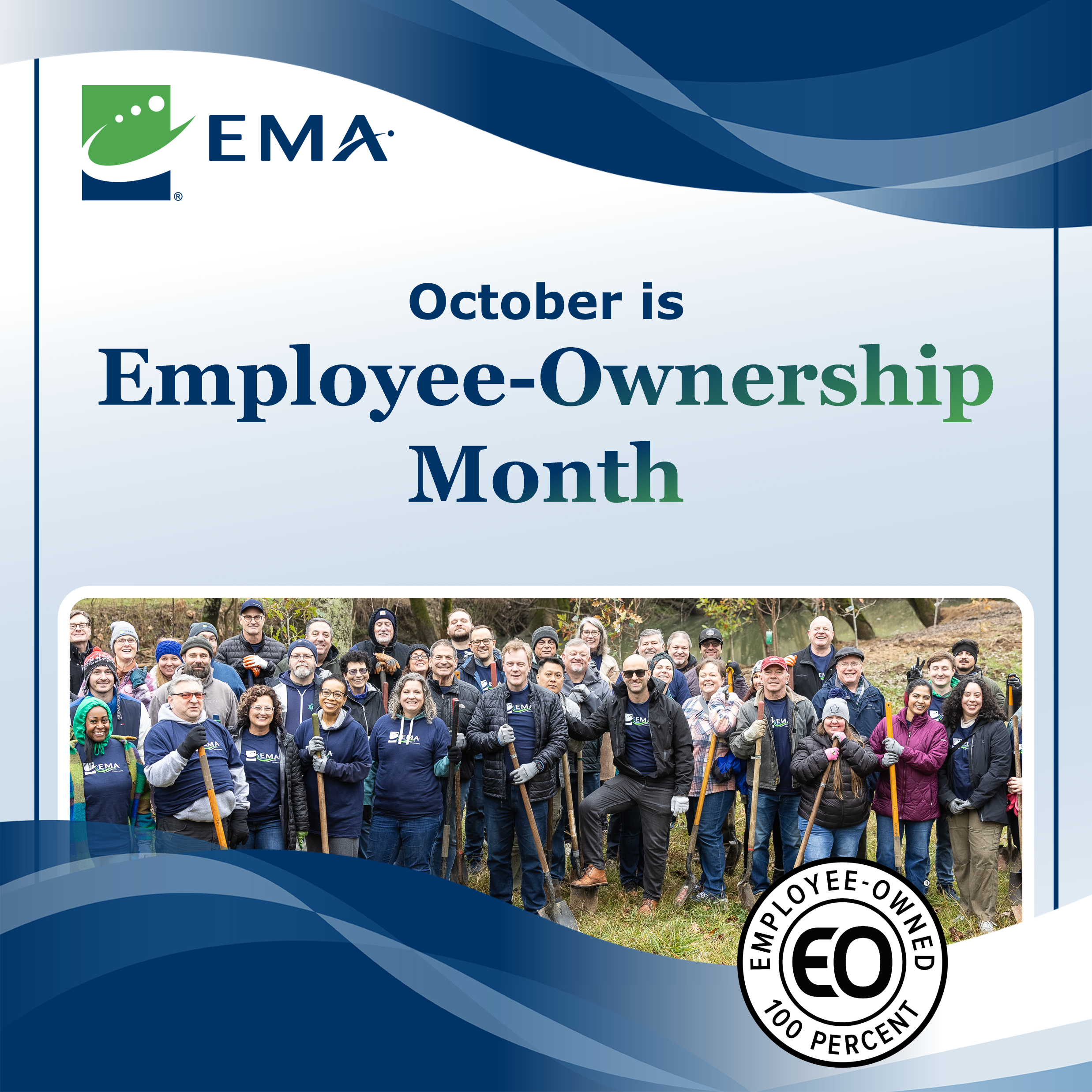 October is Employee-Ownership Month. Group photo of EMA employee-owners holding shovels at a tree-planting event