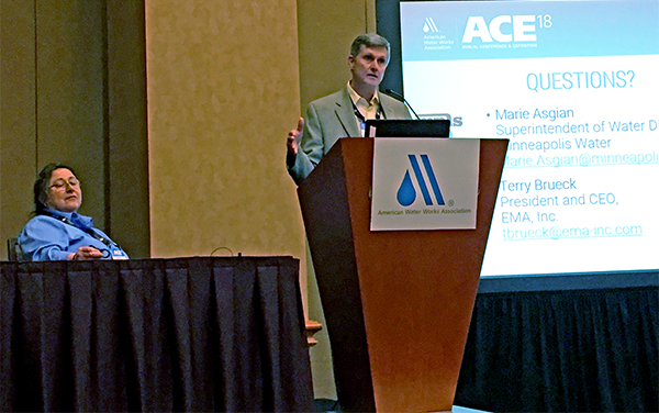 Terry Brueck presents with Marie Asgian of City of Minneapolis Water Treatment and Distribution Service at ACE 2018.